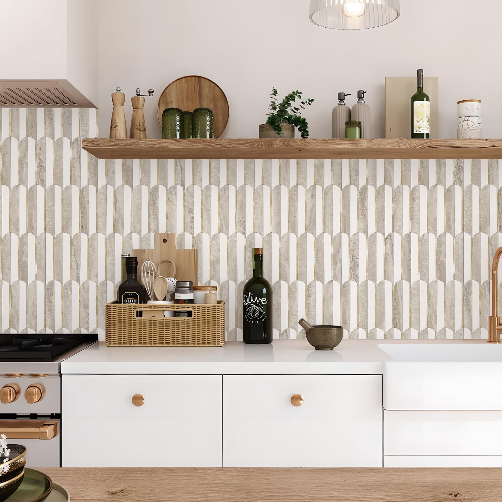 Vamos Peel And Stick Backsplash Seamless Tile For Kitchen Bathroom White Beige Slate Pvc Mixed Light Self Adhesive Fish Scale Metal Mosaic Tiles (10 Sheets)