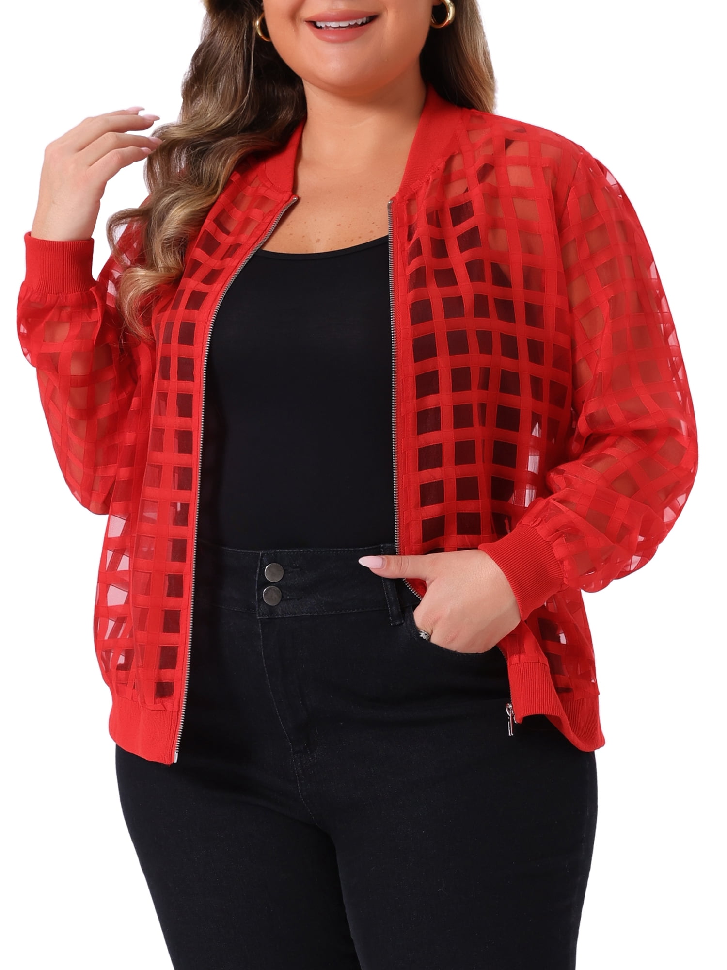DARING DIVA Women's Plus Size Mesh Sheer Zip Up Bomber Jacket 2X Red
