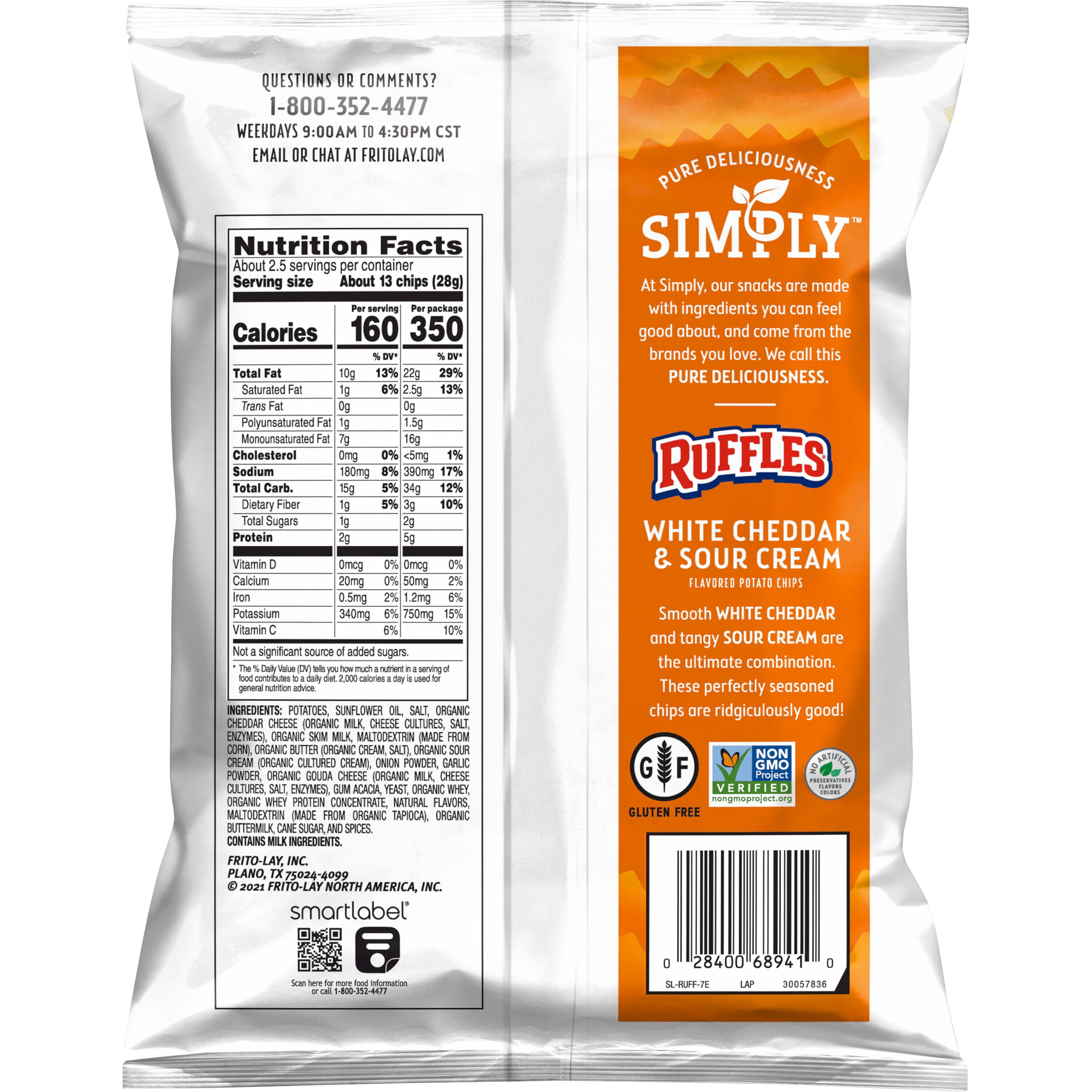 Ruffles Simply Potato Chips White Cheddar & Sour Cream Snack Chips, 2.25 oz Bag