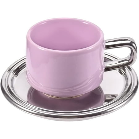 

JLMMEN STORE Ceramic Coffee Mug Creative Contrast Color Mug with Saucer Set for Office and Home Cute Cup with Comfortable Handle 8.5 oz/250 ml for Latte Tea Milk (Purple and Silver)