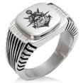 thumbnail image 1 of Stainless Steel Jolly Roger Pirate Skull Anchor CZ Ribbed Needle Stripe Pattern Biker Style Polished Ring, 1 of 1