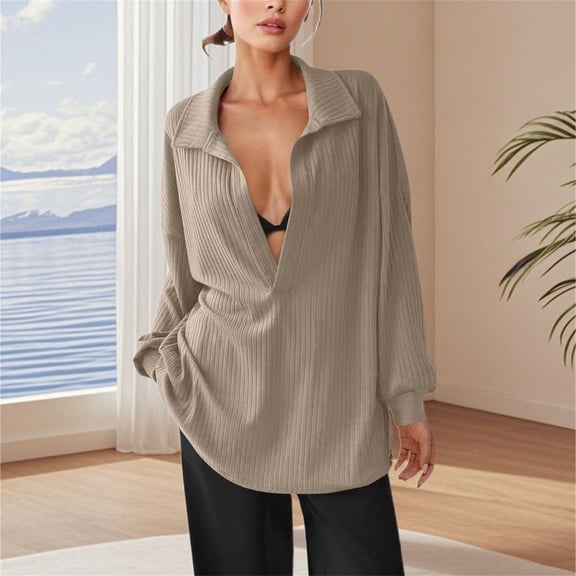 Endives Womens Shirts Deep V Neck Cut Tops Fall Winter Long Sleeve T Shirts Solid Color Ribbed Knit Blouse