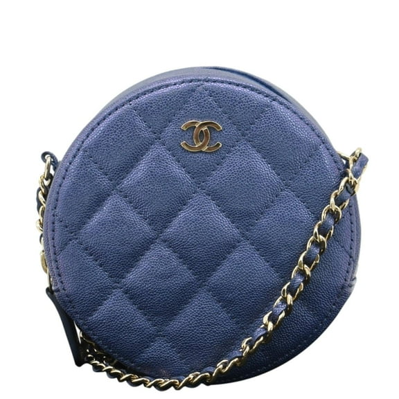 Pre-Owned CHANEL Round Clutch with Chain Mini Quilted Iridescent Caviar Leather Crossbody Bag Shiny Blue