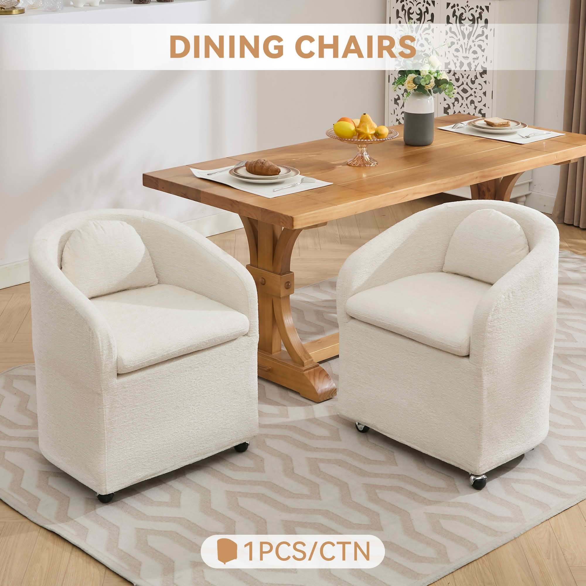MAYEERTY Set of 1 Chenille Fabric Dining Armchair, with Back Cushion & Universal Wheels, Beige