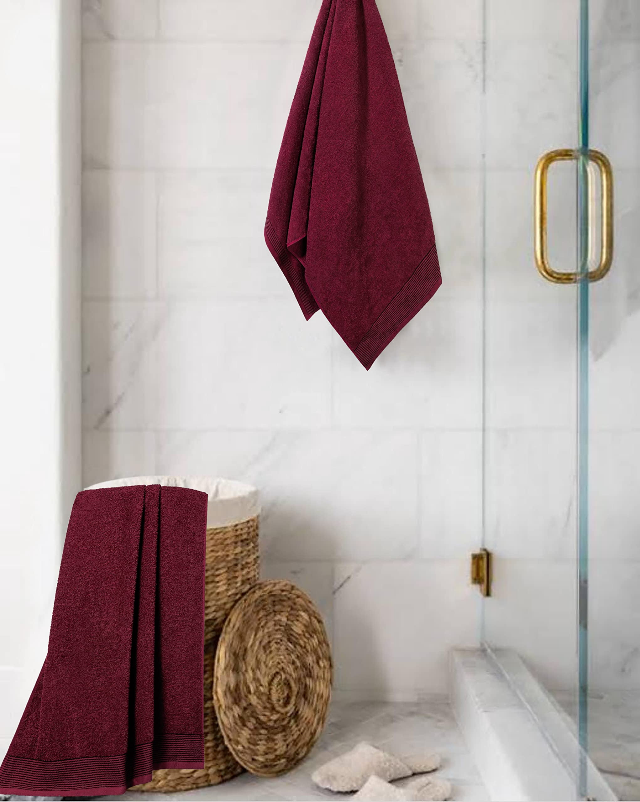 GLAMBURG Ultra Soft Oversized 2 Pack Bath Towel Set 28x55 inches, 100% Cotton Large Bath Towels, Highly Absorbant Compact Quickdry & Lightweight Towel, Ideal for Gym Travel Camp Pool - Burgundy
