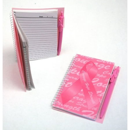 Spiral Notebook Pen Set (Pink Ribbon Spiral Notebook and Pen Sets : package of 12, 6 long and 3 1/2 wide notepad By Fun)