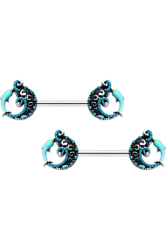 14G Womens Nipplerings Piercing 316L Surgical Steel 2Pc Leaping Blue Dolphin Nipple Ring Set 9/16"