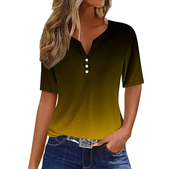 HAiming Summer Tops for Women 2025 Vacation Trendy Button V Neck Short Sleeve Shirt Plus Size Casual Loose Comfy Tunics