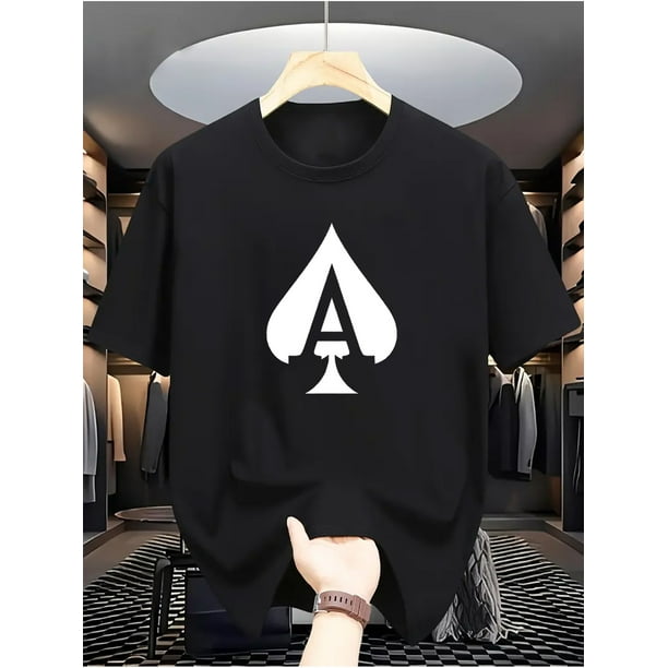 Camiseta informal de cuello redondo para hombre con estampado de as de picas "A", tejido de punto 100 % poliéster, ligeramente elástica, manga corta de moda veraniega, corte estándar, 180 g/m² - Blanc
