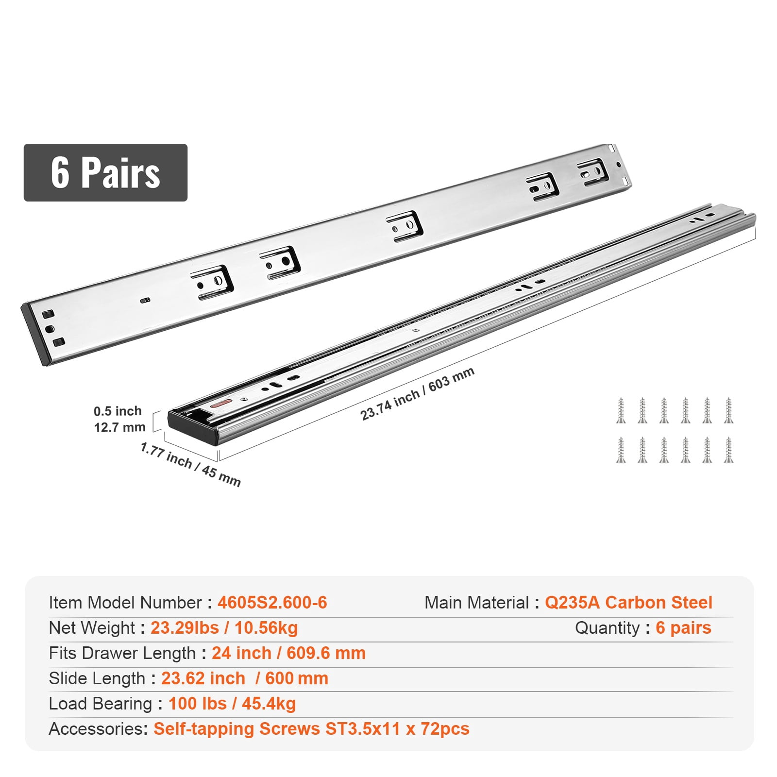 KFFKFF 6 Pairs 24” Soft-Close Drawer Ball Bearing Full Extension 100 Lbs