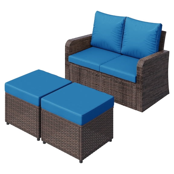 Homrest PE Wicker Outdoor Loveseats with Loveseat and 2 Ottomans, Blue