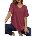thumbnail image 3 of Womens V Neck Short Sleeve T Shirts Summer Tops Casual Loose Tees Trending Now Wine Red 5XL, 3 of 6