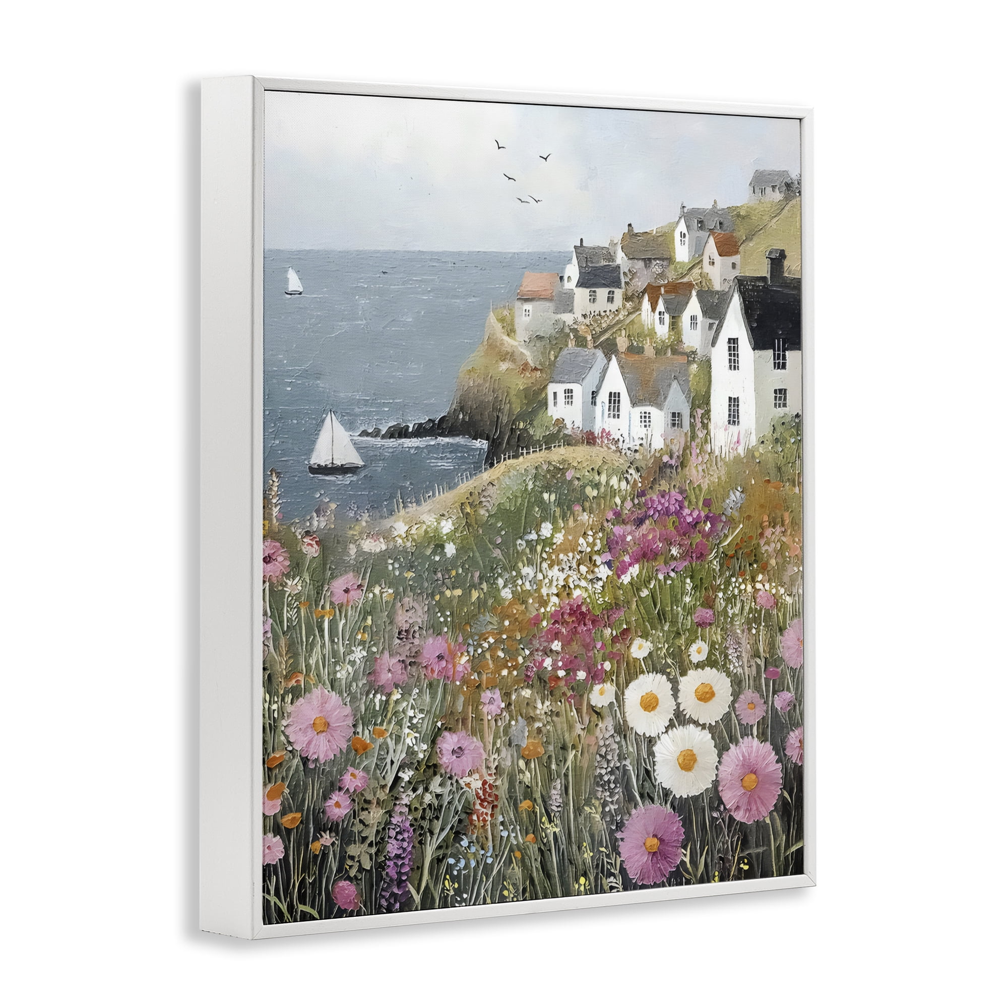 Stupell Industries Pink Meadow Overlooking Sailboats White Framed Giclee Art, design by Riley B