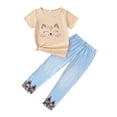 thumbnail image 2 of CUZIBR Kids Outfit Sets Girl's Cat Pattern O-Neck Short Sleeve T Shirt And Pants Summer Girls Clothes Sets,Khaki,3-4 Years, 2 of 4