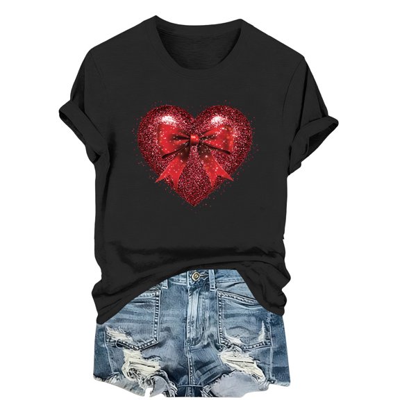 Erwazi Valentines T-Shirts for Womens Love Bow Heart Printed Casual Crew Neck Short Sleeve Tees Tees Tops Valentine Gifts Clothes