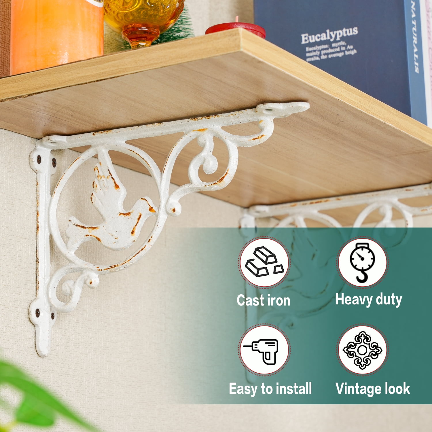 Sungmor 9.2 Inch Cast Iron Rustic White Brackets for Shelves, 2PC Vintage Decorative Angle Support Doorway Bracket, Shelves Corbels, Wall Mounted Floating Shelf Bracket