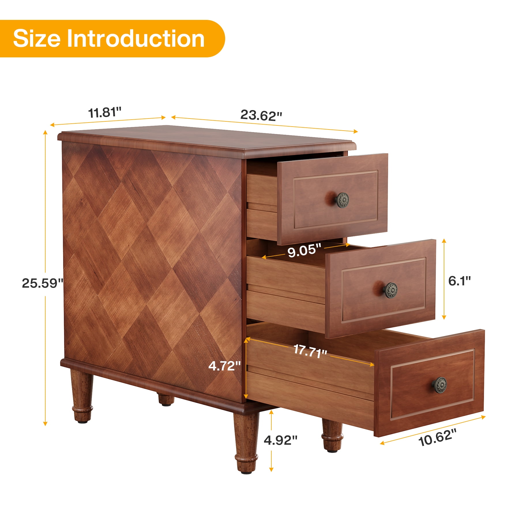 Fnova Side Tables with 3 Drawers, No Assembly Required, Narrow End Tables for Living Room, Nightstand Bedside Table for Bedroom, Walnut