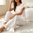thumbnail image 4 of Tqcoqu Women's 2 Piece Pajama Set, Round Neck Ruffle Short Sleeve Contrast Piping & Drawstring Ruffle Hem Wide Leg Pants, Loungewear Sleepwear for Women, 4 of 6