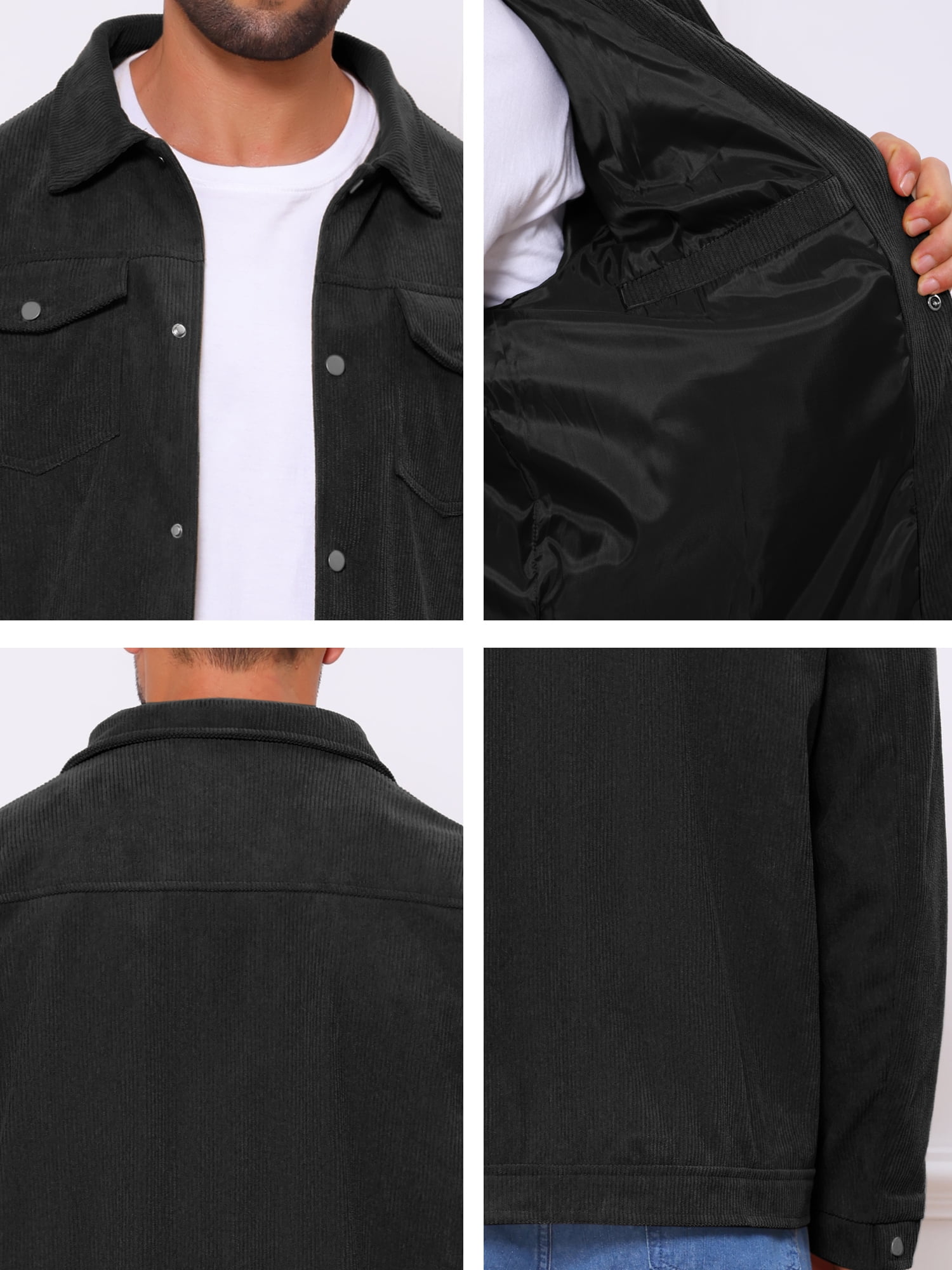 DARING DIVA Men's Solid Long Sleeve Button Pockets Corduroy Trucker Jacket S Black