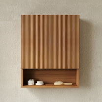 YIYADO 26 Inch Wall Mounted Striped Bathroom Cabinet with Doors, Shelves and Open Storage Compartment Above Toilet Bathroom, Kitchen, Laundry Room Storage Cabinet, Natural Wood