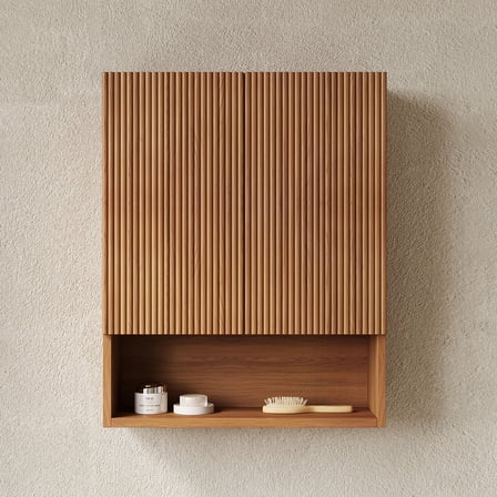 YIYADO 26 Inch Wall Mounted Striped Bathroom Cabinet with Doors, Shelves and Open Storage Compartment Above Toilet Bathroom, Kitchen, Laundry Room Storage Cabinet, Natural Wood