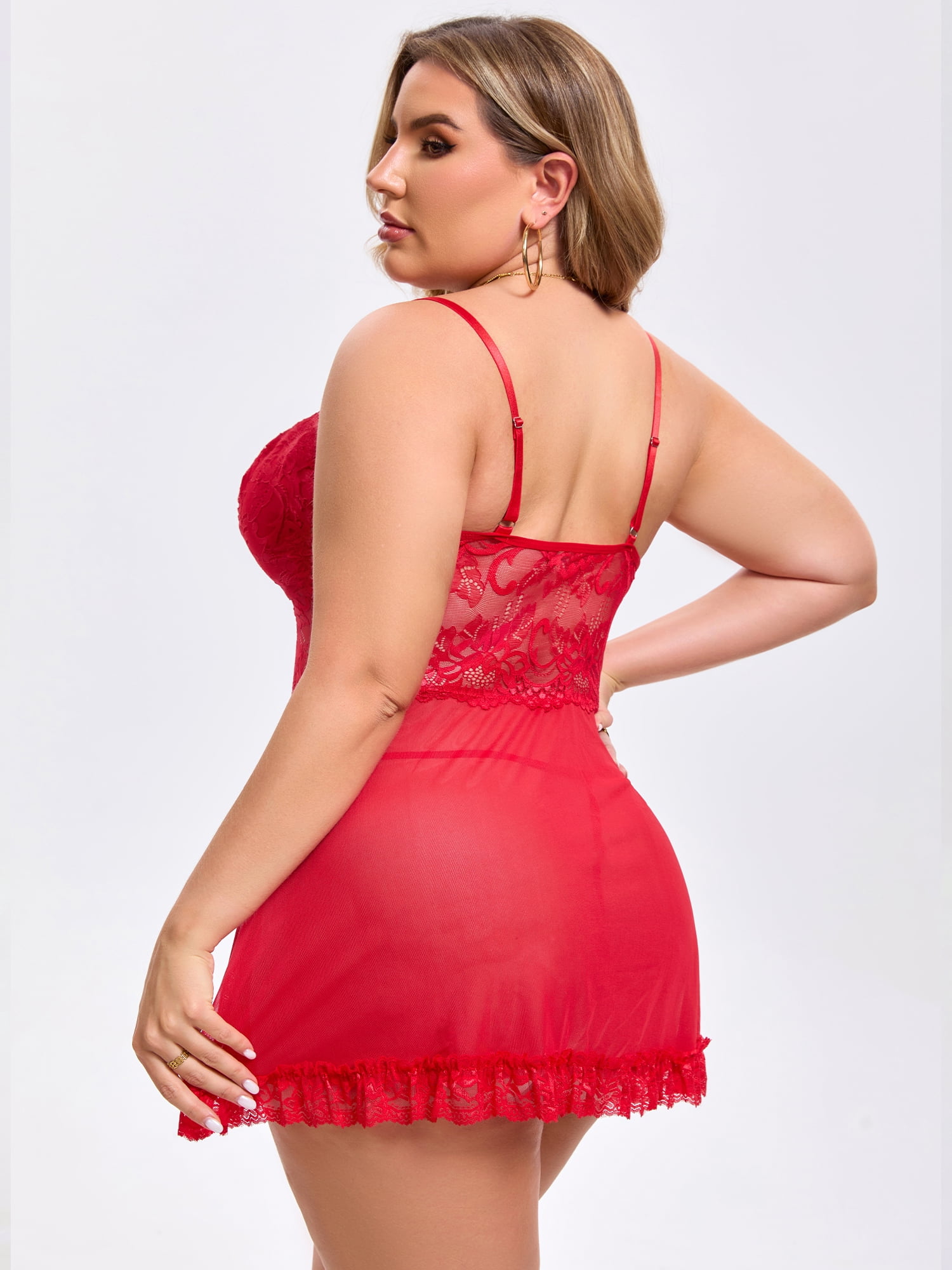 DARING DIVA Women's Plus Size Lingerie Lace V Neck Mesh See Through Chemise 2XL Red