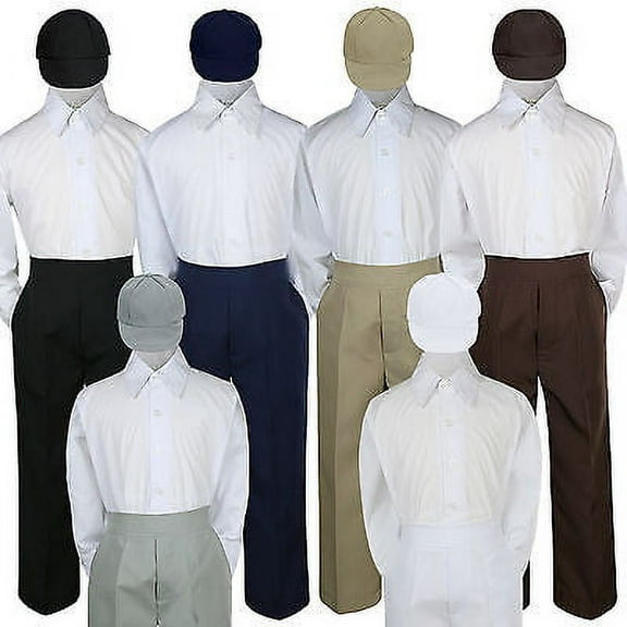 3pc Set Baby Boy Kid Navy Black Khaki Brown Pants Hat Formal Uniform Suit sz S-7