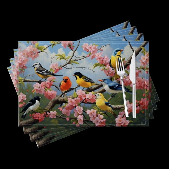 BaHomeck placemats Set of 4 Group Of Colorful Birds Perched On The Branches Cotton Linen rectangle Placemats for Kitchen Dining Table Indoor,Outdoor,18*12inch