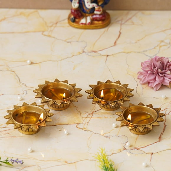 Set Of 4 Golden Sun Shaped Decorative Brass Diyas For Puja Room, Home, Office & Temple Decor For Diwali