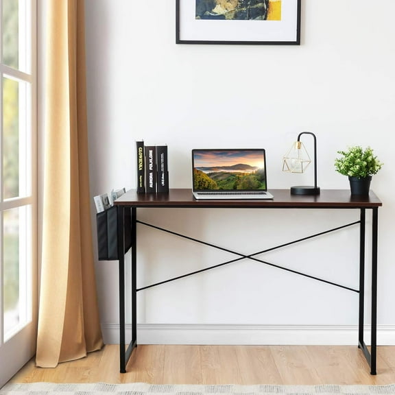 Computer Desk, Simple Writing Desk with Storage Bag and Metal Frame, Wood Study Desk for Bedroom, Industrial Work Desk for Home Office, Small Desks for Small Spaces (Dark Brown, 47'')