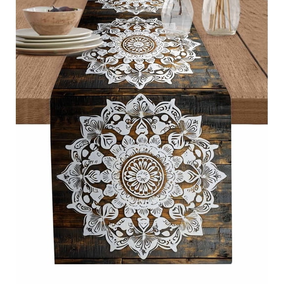 Country Flowers Table Runner 36 Inches, Rustic White Floral Wooden Grain Bed Runner Dresser Scarves Tabletop for Indoor Outdoor Parties/Ceremony/Banquet, 13"x 36"
