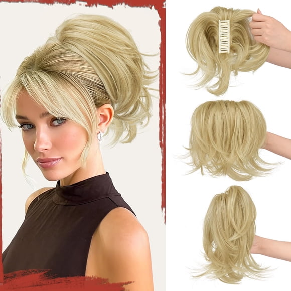 Sofeiyan Claw Clip Short Ponytail Extension DIY Bendable Wires Hair Hun Fluffy Fake Hair Piece Straight Synthetic Hair Ponytail Extensions for Wonen - Ash Blonde with Light Golden Highlights