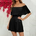 thumbnail image 4 of QUYUON Off the Shoulder Romper for Women Summer Casual Off Shoulder Pleated Shorts Jumpsuits with Belted Flounce Ruffle Tops Short Sleeve Rompers Overalls Style J-546, Black XL, 4 of 4