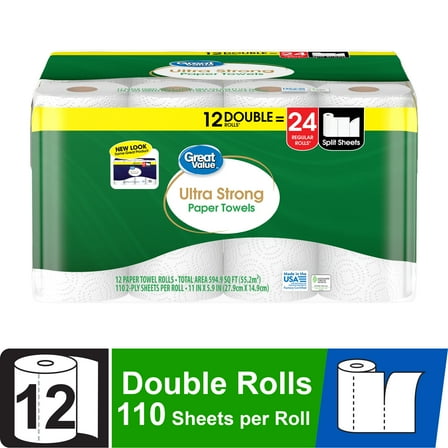 Great Value Ultra Strong Paper Towels, White, 12 Double Rolls