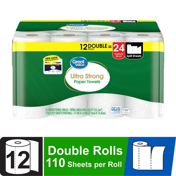 Great Value Ultra Strong Paper Towels, White, 12 Double Rolls