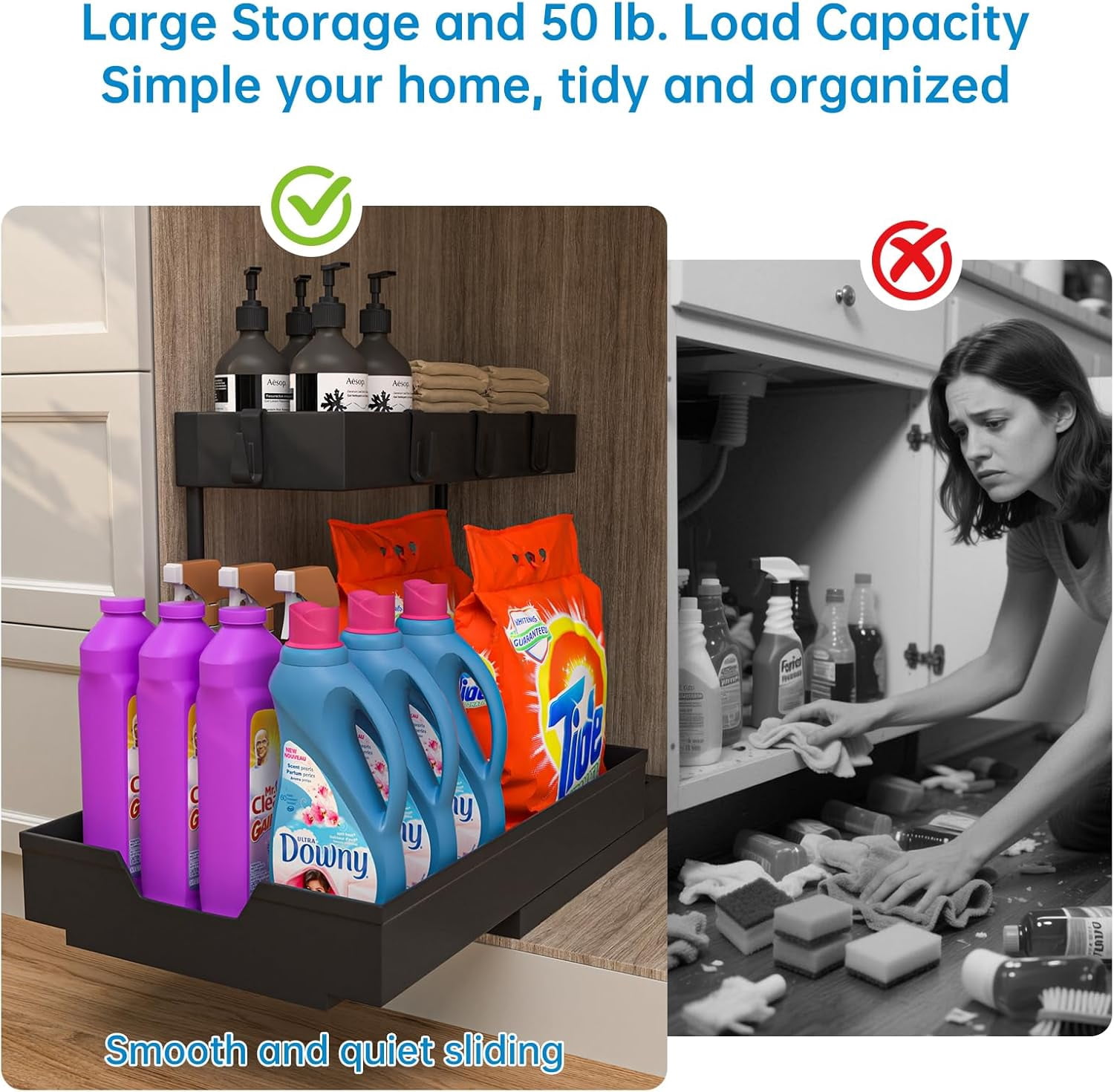 2-Pack Under Sink Organizer, 2-Tier Sliding L-Shaped Kitchen Bathroom Cabinet Organizer and Storage Rack with Hooks, Large Capacity Pull-Out Sink Organizer, Multi-Purpose Drawer Basket Storage Rack
