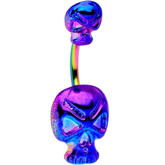 Body Candy Womens 14G Rainbow Plated Steel Navel Ring Piercing Double Skull Double Mount Belly Button Ring