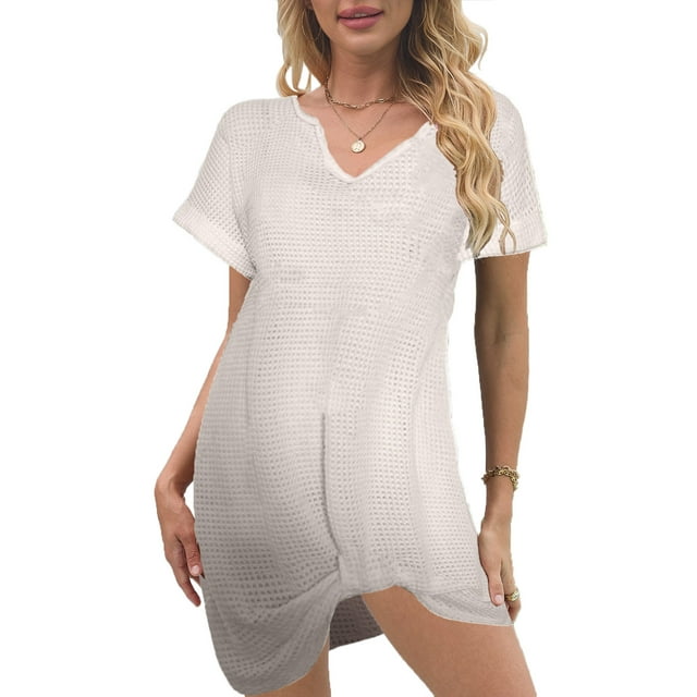 Vestido de punto para mujer - Vestido corto de playa con cuello en V y manga corta para piscina/fiesta en la playa