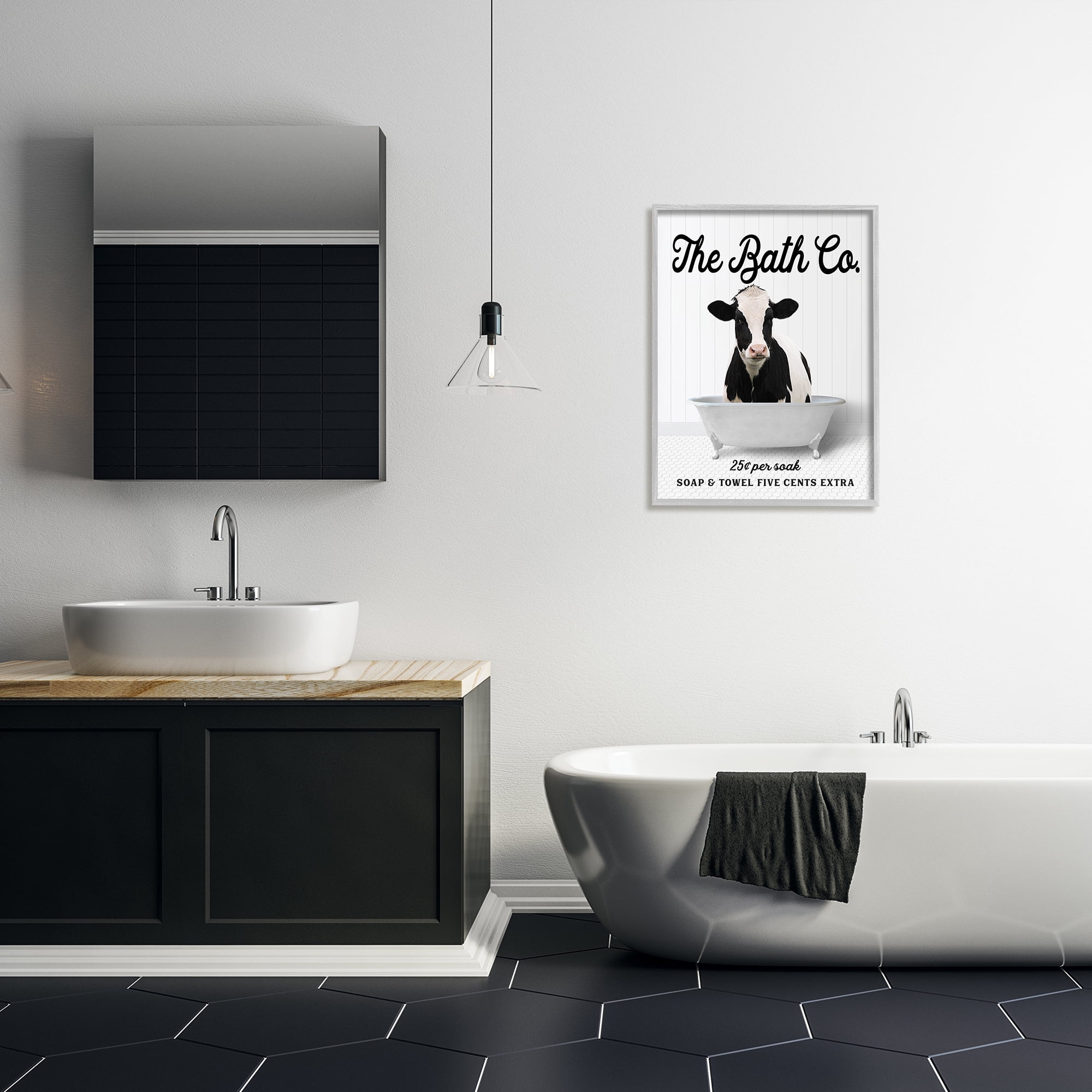 Stupell Industries Vintage Bath Ad Cow Animals & Insects Painting Gray Framed Art Print Wall Art, 24 x 30