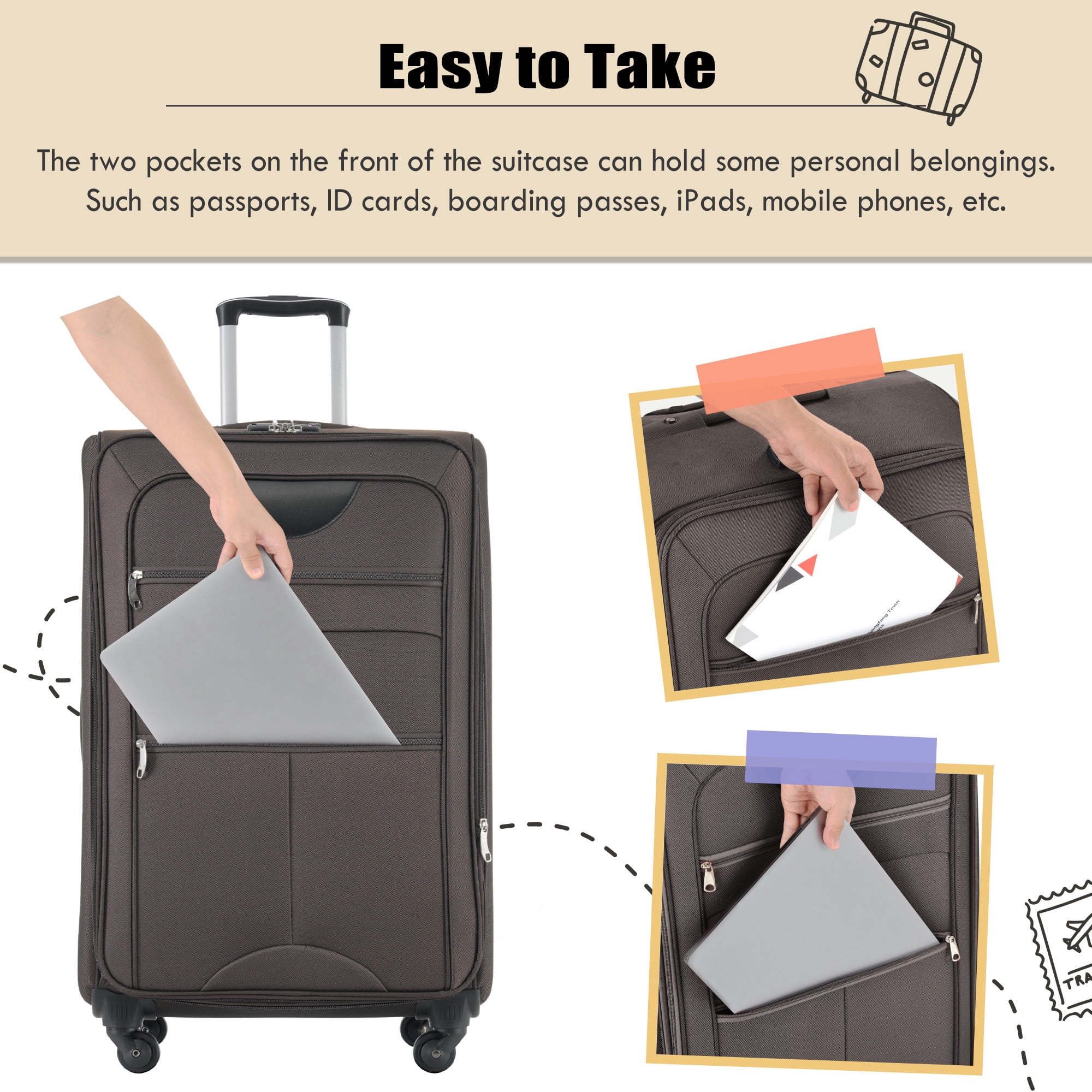 EUROCO 5 Piece Softside Luggage Set,Expandable Suitcase Set with Duffel Bag,TSA Lock and Spinner Wheels,Lightweight Suitcase for Men Women,Brown
