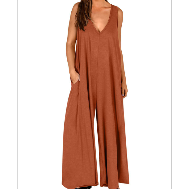 Mono Informal de Verano para Mujer, Holgado, Sin Mangas, con Cuello en V, Pierna , , Holgado, con Bolsillos. Marrón 01 L