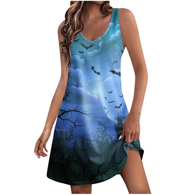 Summer Dress for Women,Dress for Women,Womens Summer Fashion Printing Pocket Sleeveless V-Neck Dress,Womens Summer Dress,Womens Summer Dress