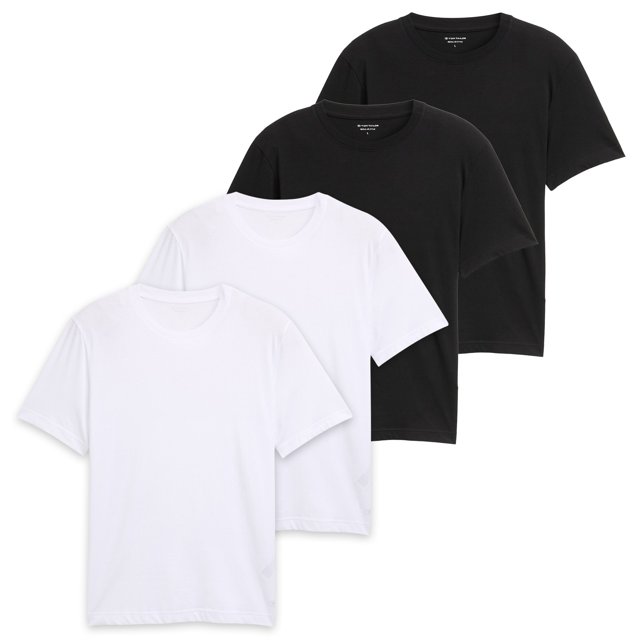 TOM TAILOR Camiseta para hombre, pack de 4 - Crew Neck Tee, cuello redondo, regular fit, algodón Blanco/Negro M (Medium)