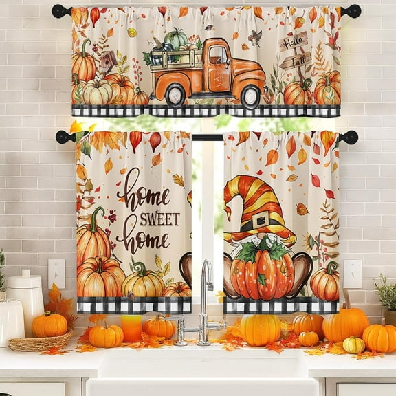 dinii Fall Kitchen Window Curtains and Valances Set 36 Inch, Gnome Pumpkins Truck Maple Leaves Sweet Home Short Tier Curtain for Cafe Living Room Bathroom, Autumn 3 Pieces Set Kitchen Decor