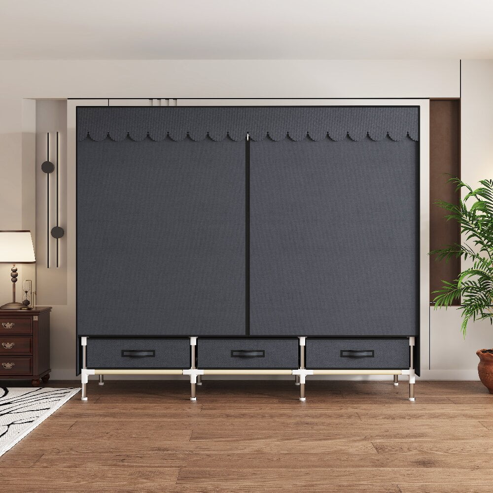 ArluKin 59Inch Portable Wardrobe Closet, 3 Storage Spaces with 3 Hanging Rods,3 Drawers，Steel Frame Fabric Organizer, Easy Assembly and Dust Resistant Design, Gray