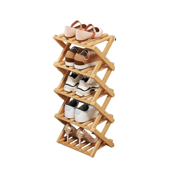 Foldable Shoe Rack 5 Tier, Strong Load Bearing X Frame Wide Bamboo Slats Storage Organizer, Natural, Design for Entryway, Closet, and Bedroom, Natural
