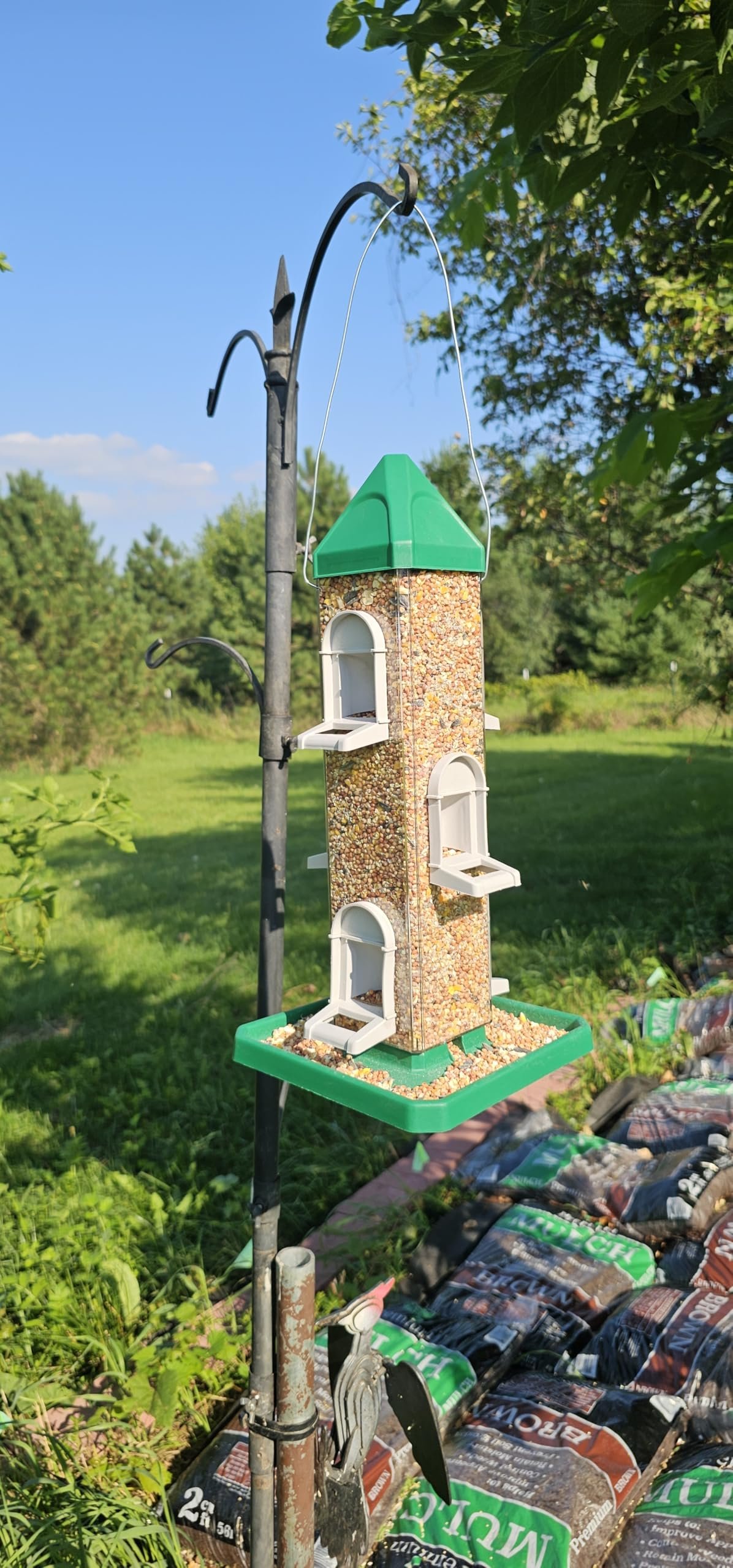 Green Square Tube Bird Feeders with 6 Feeding Ports for Outdoors Hanging, Premium Hard Plastic Weatherproof & Steel Hanger, Attracting for Wild Birds Hunter Green