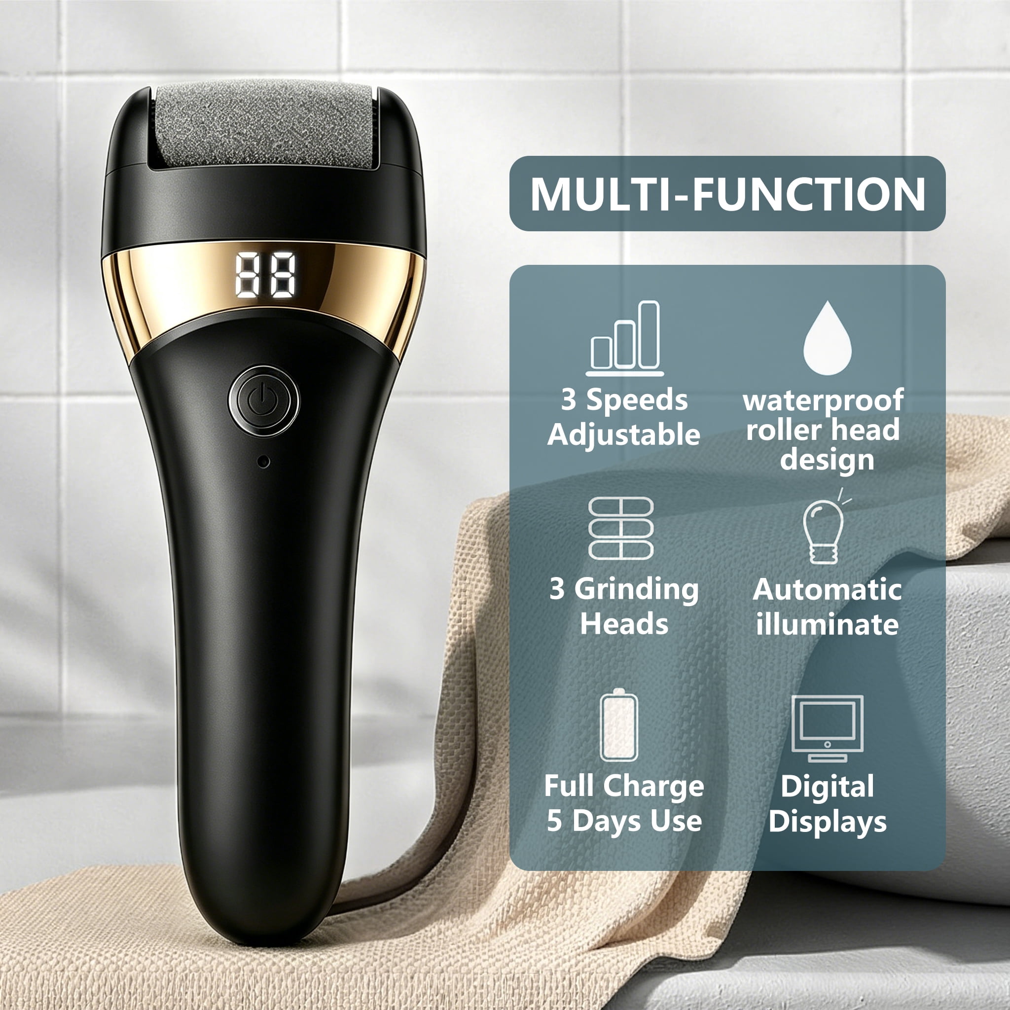 Electric Foot File USB Rechargeable Pedicure Tool for Adults, Portable Foot Grooming Device, Black