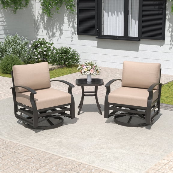 ALAULM 3 Piece Patio Outdoor Aluminum Metal Swivel Rocking Chair with 1 Coffee Table and 2 Khaki Padded Cushions Outdoor Metal Swivel Rocking Chair Furniture Conversation Set for Porch Garden
