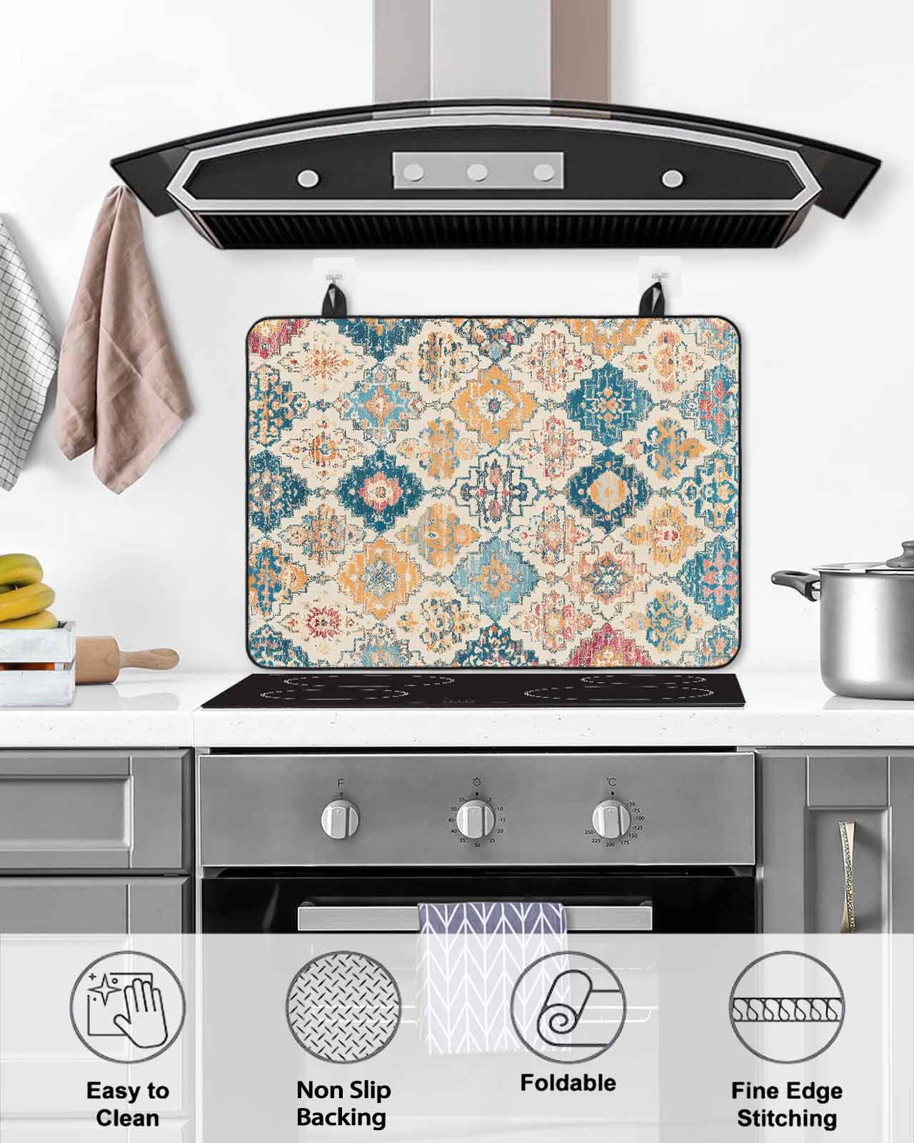 nqOlkjepod Large Induction Cooktop Protector Mat 24"x21", Morocco Ethnic Stove Top Covers for Electric Stove, Boho Country Retro Abstract Checked Stove Burner Cover Mats, Glass Top Stove Cover